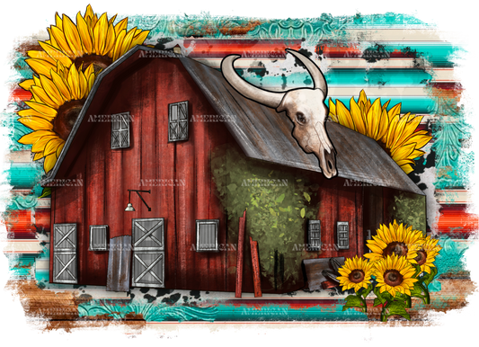 Barn And Sunflowers Cowhide DTF Transfer