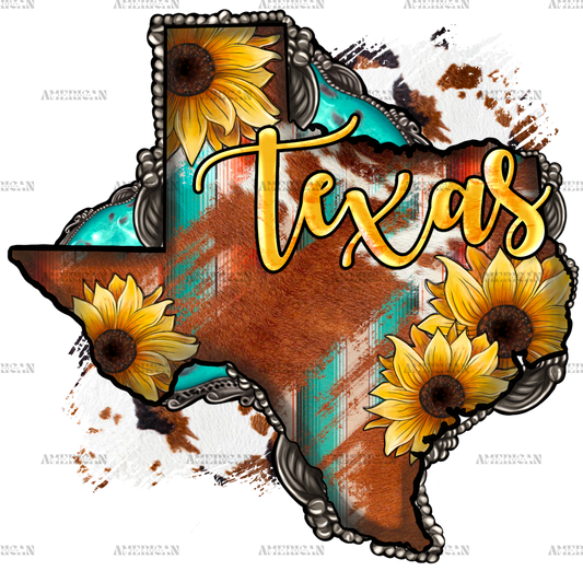 Cowhide Sunflower Texas Map DTF Transfer