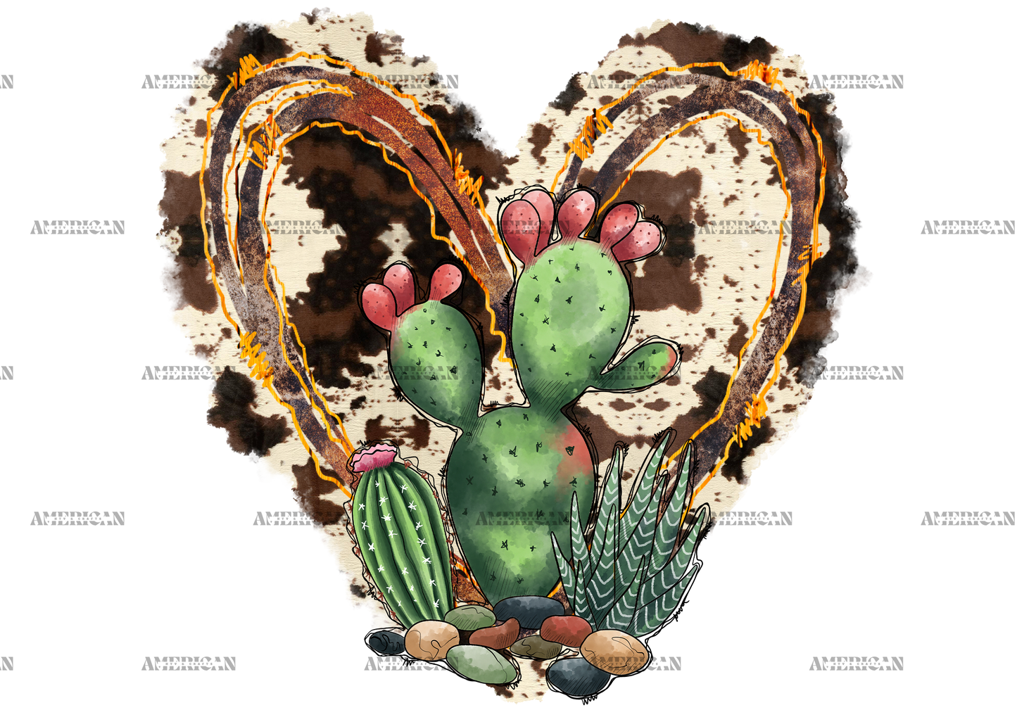 Cowhide And Cactus Heart DTF Transfer