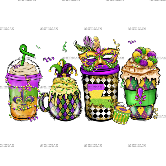 Mardi Gras Coffee Cups DTF Transfer