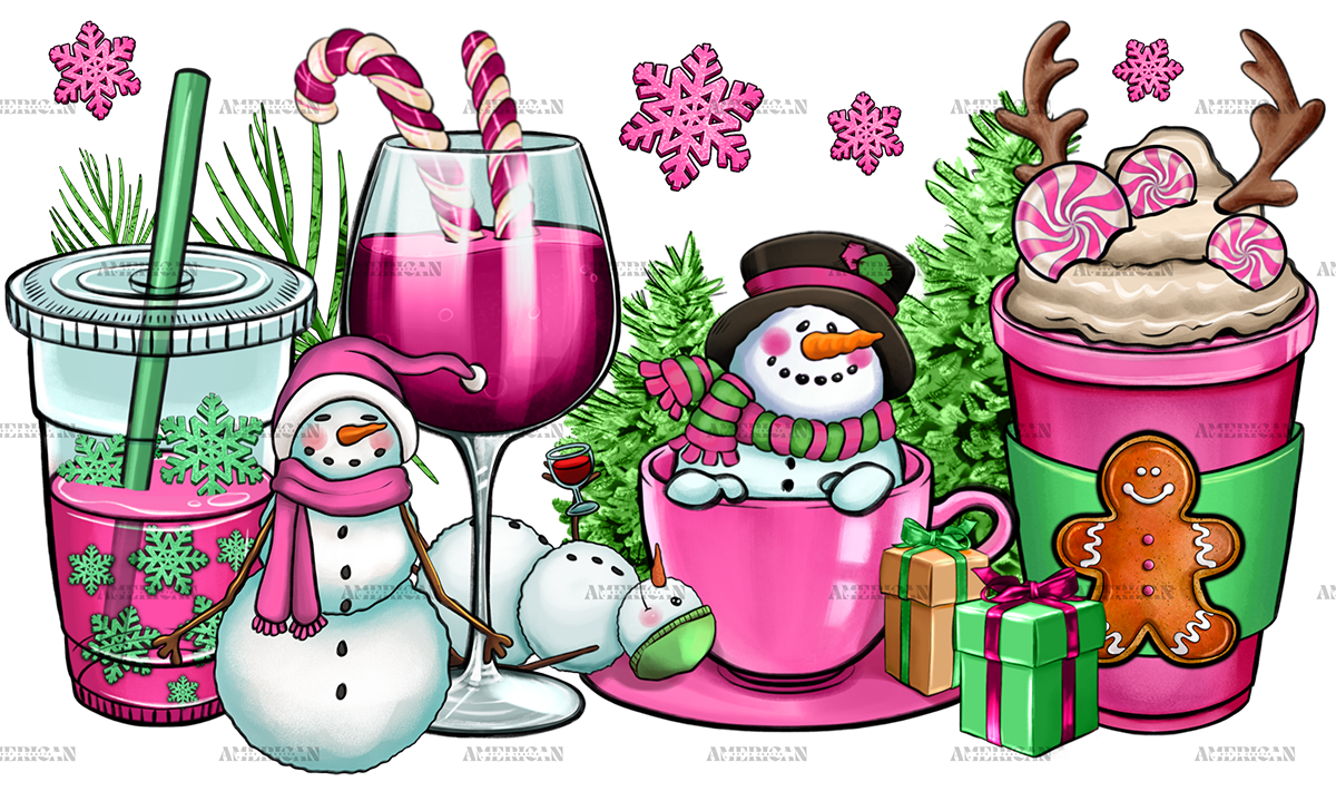 Pink Christmas Snowman Coffee Cups DTF Transfer