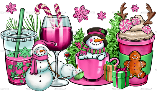 Pink Christmas Snowman Coffee Cups DTF Transfer