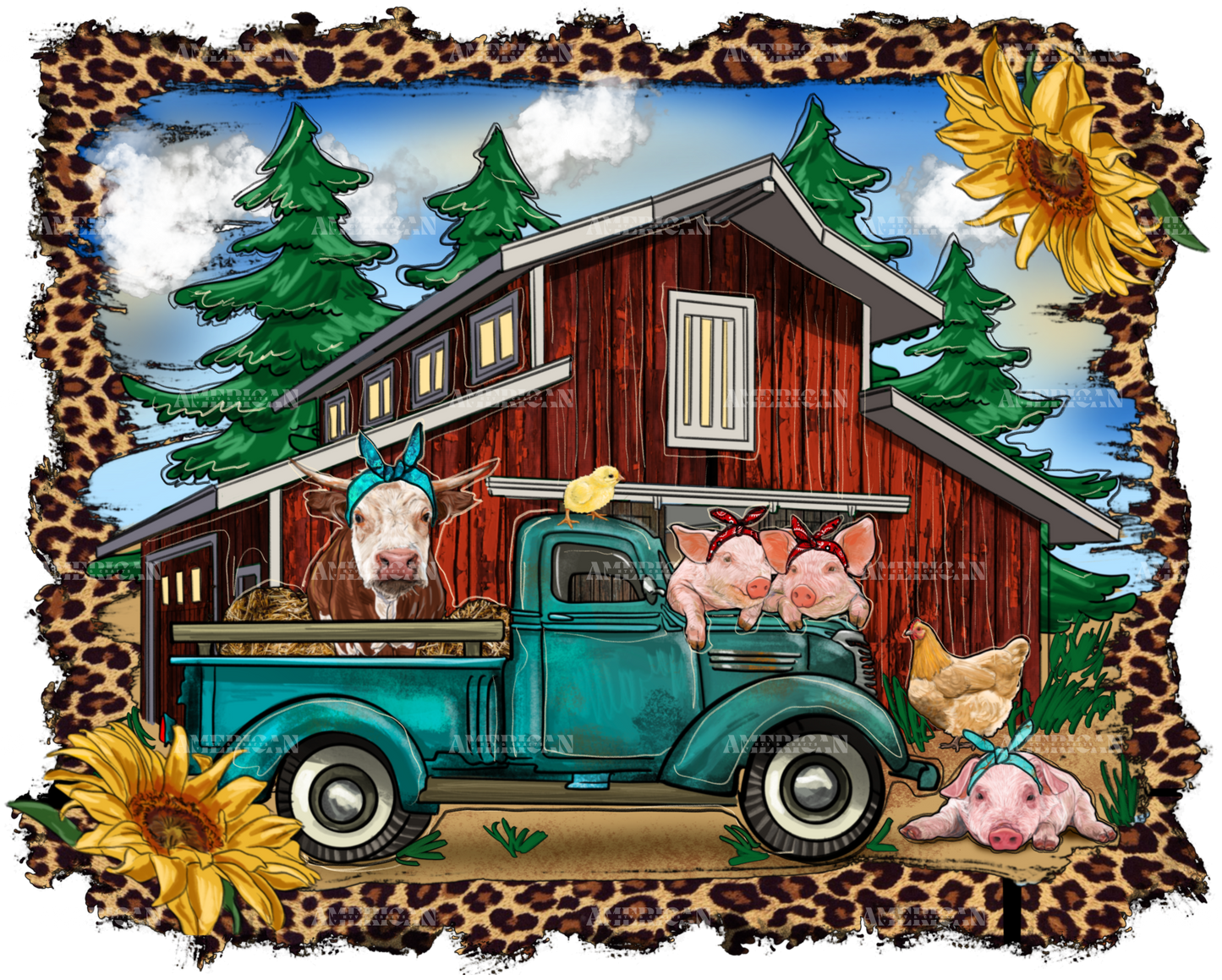 Western Barn With Farm Animals DTF Transfer