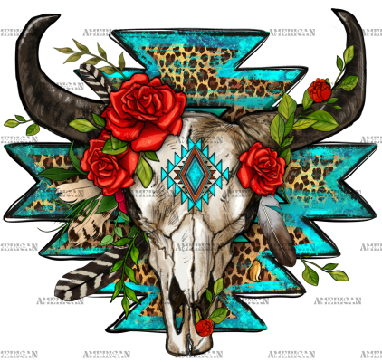 Roses With Aztec Bull Skull DTF Transfer